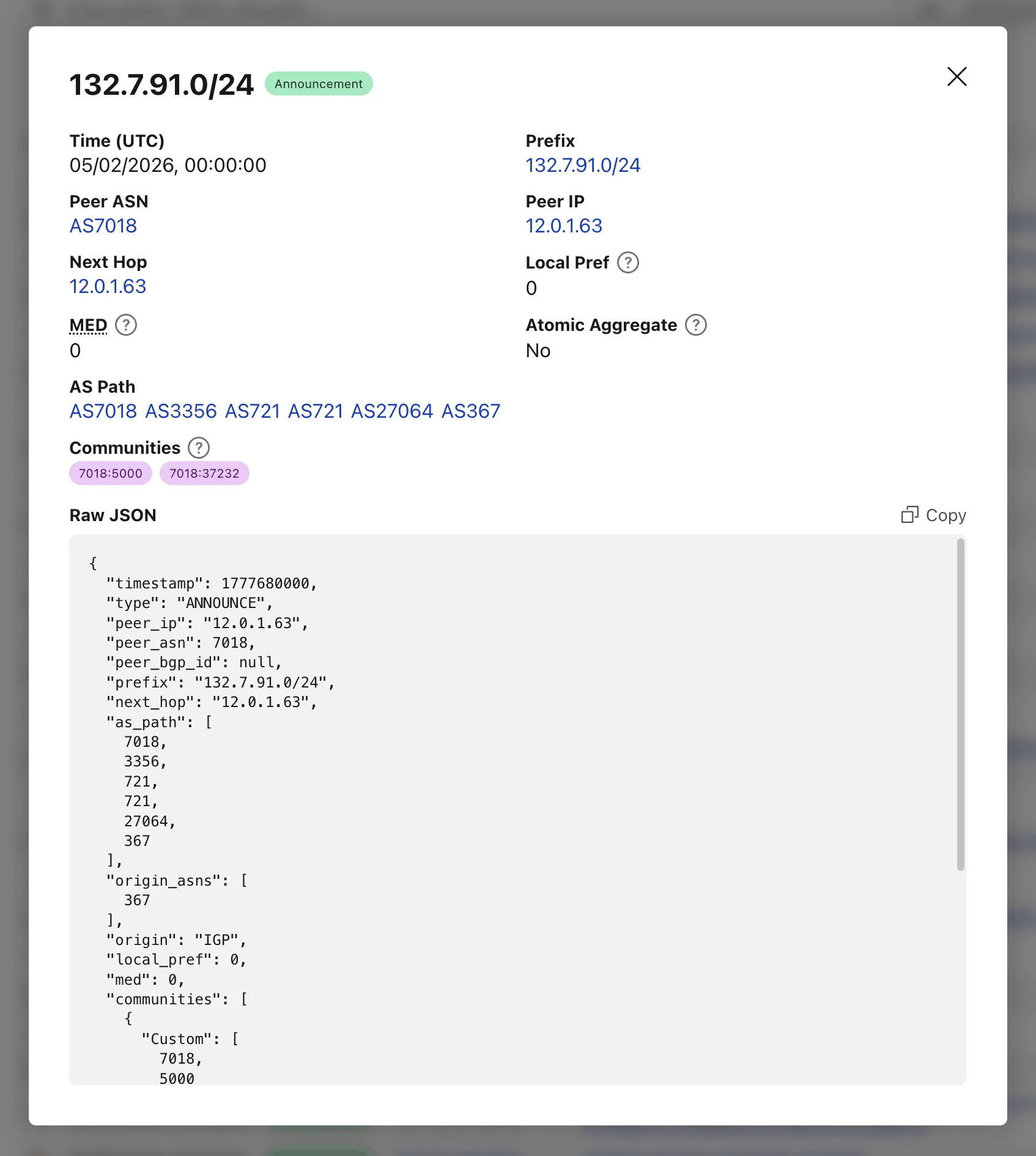 Screenshot of the MRT Explorer event details modal