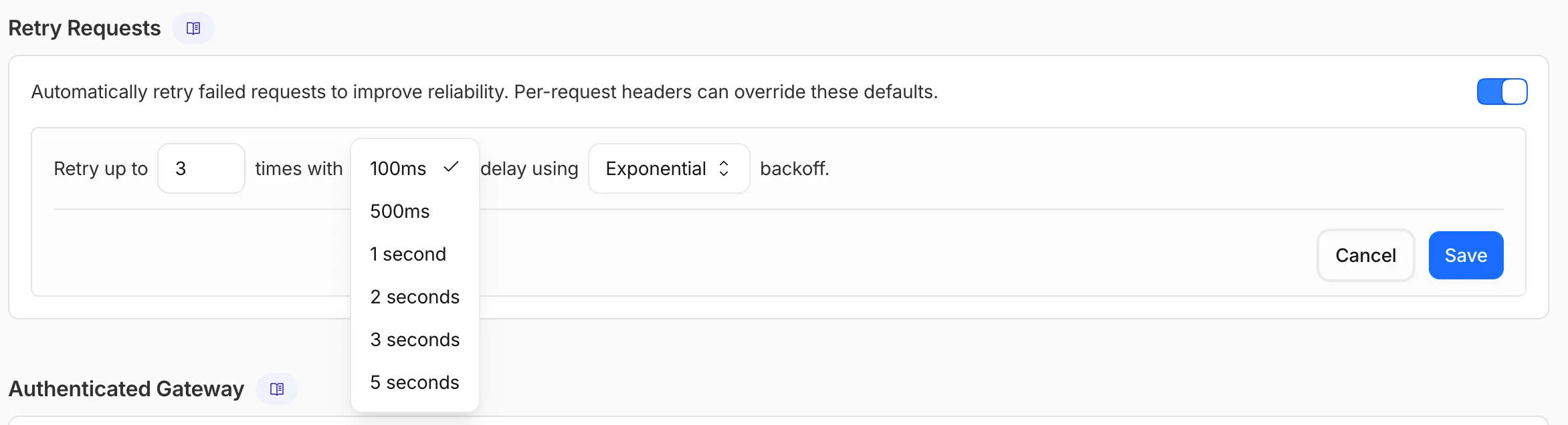 Retry Requests settings in the AI Gateway dashboard