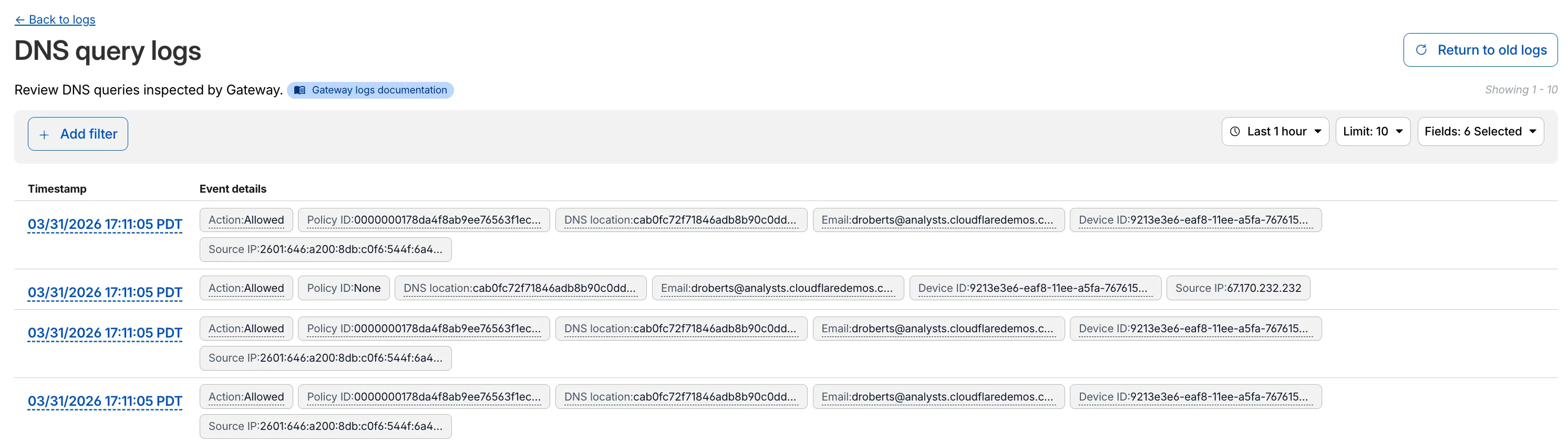 Screenshot of the new logs UI showing DNS query logs with customizable columns and filtering options