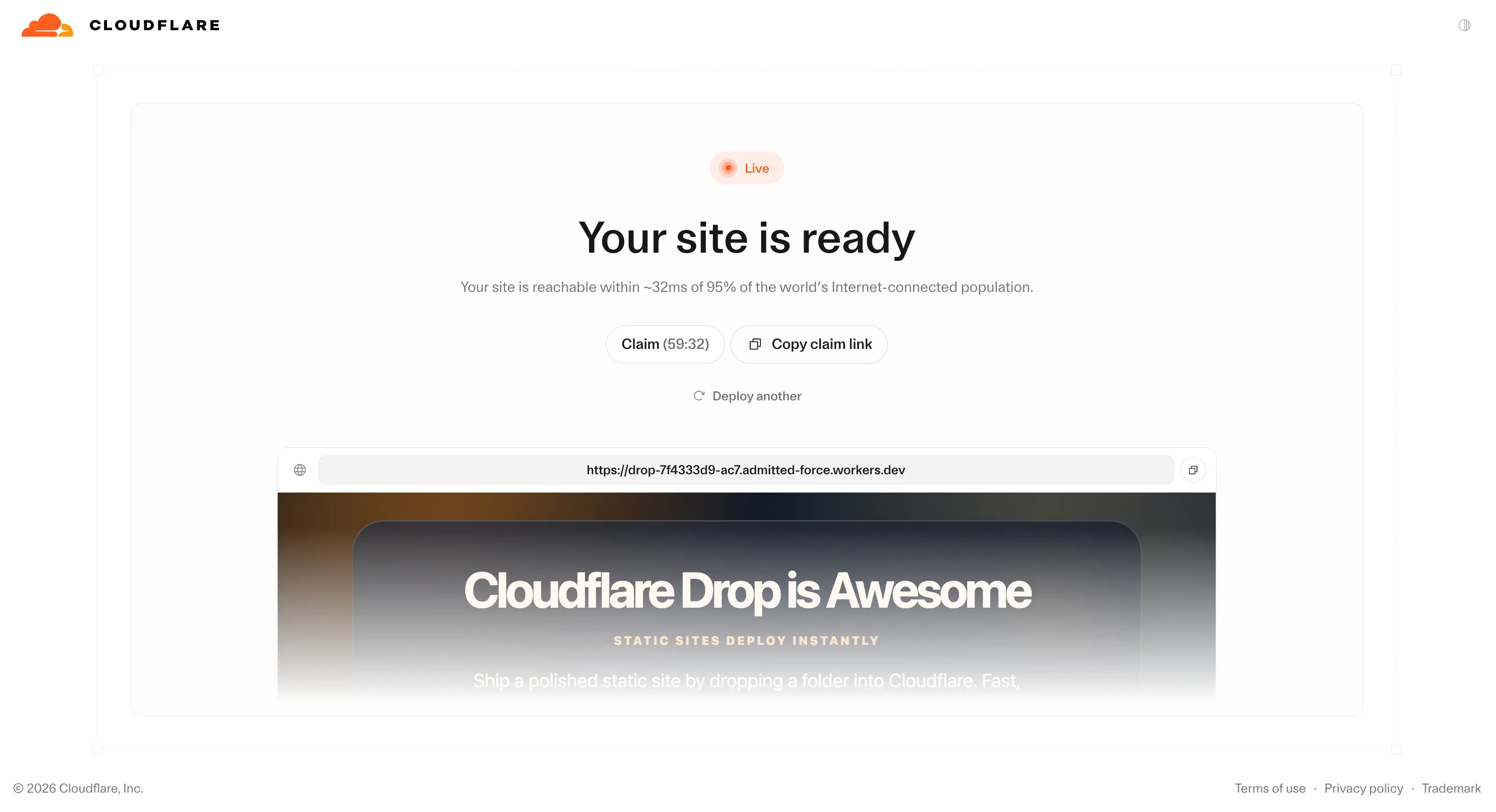 Cloudflare Drag and Drop temporary live preview screen with claim and copy claim link actions