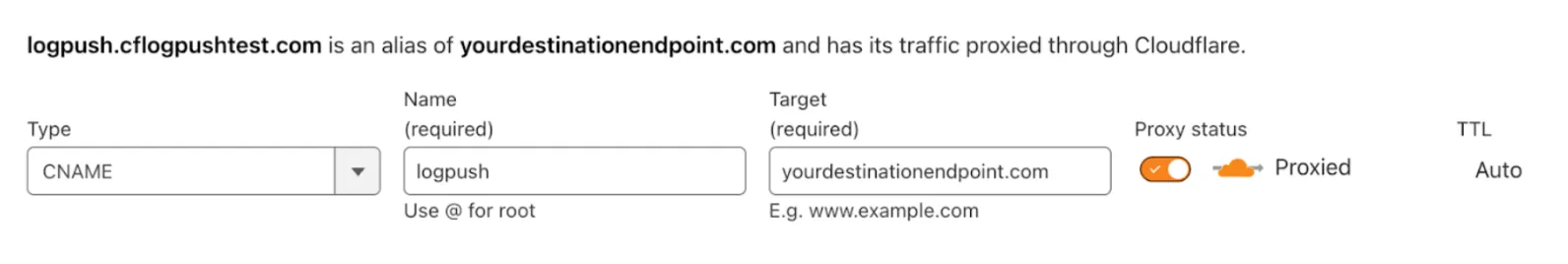Create a DNS record in the Cloudflare dashboard to define the HTTP destination endpoint