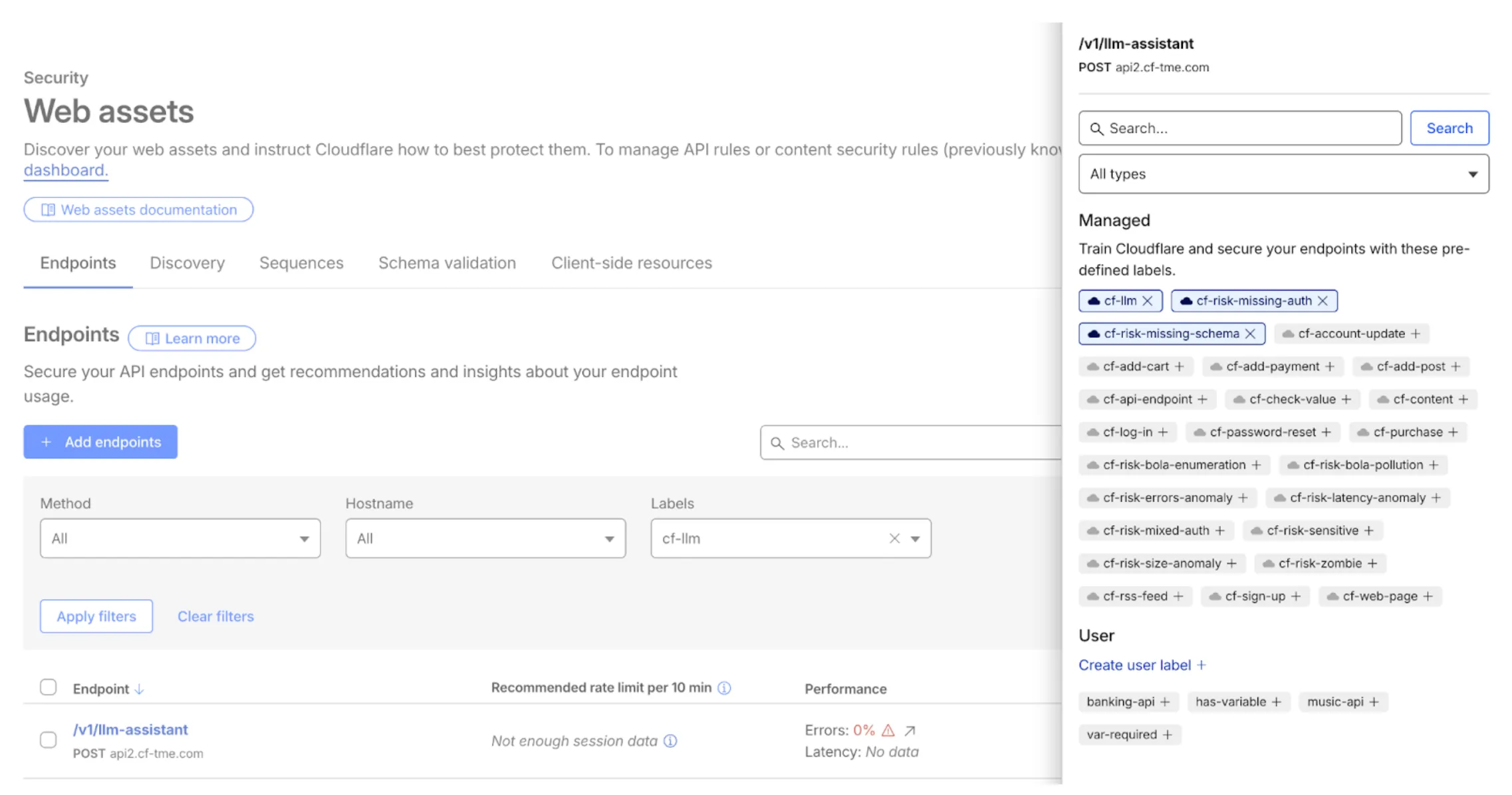 The Cloudflare dashboard showing an endpoint that was automatically labelled with "cf-llm", "cf-risk-missing-auth", and "cf-risk-missing-schema"