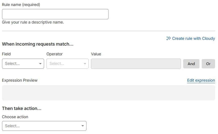 Custom rule creation page in the Cloudflare dashboard