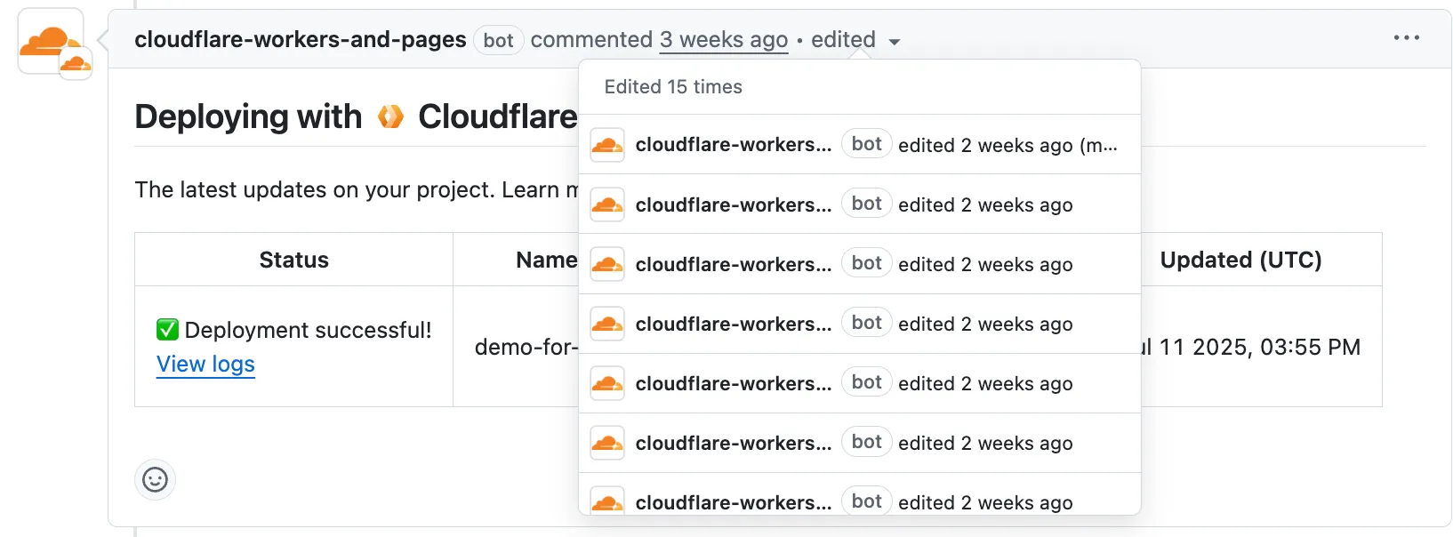 GitHub pull request comment history