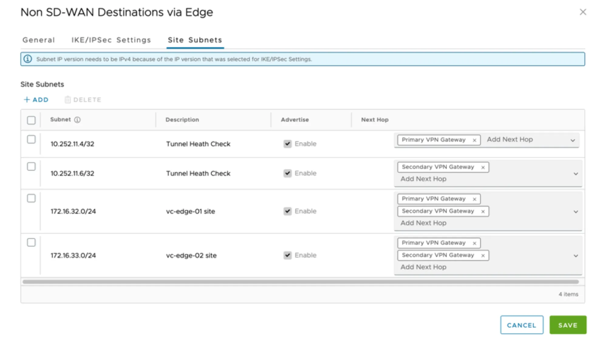 An example of how the Site Subnets tab should look like when configured as indicated.