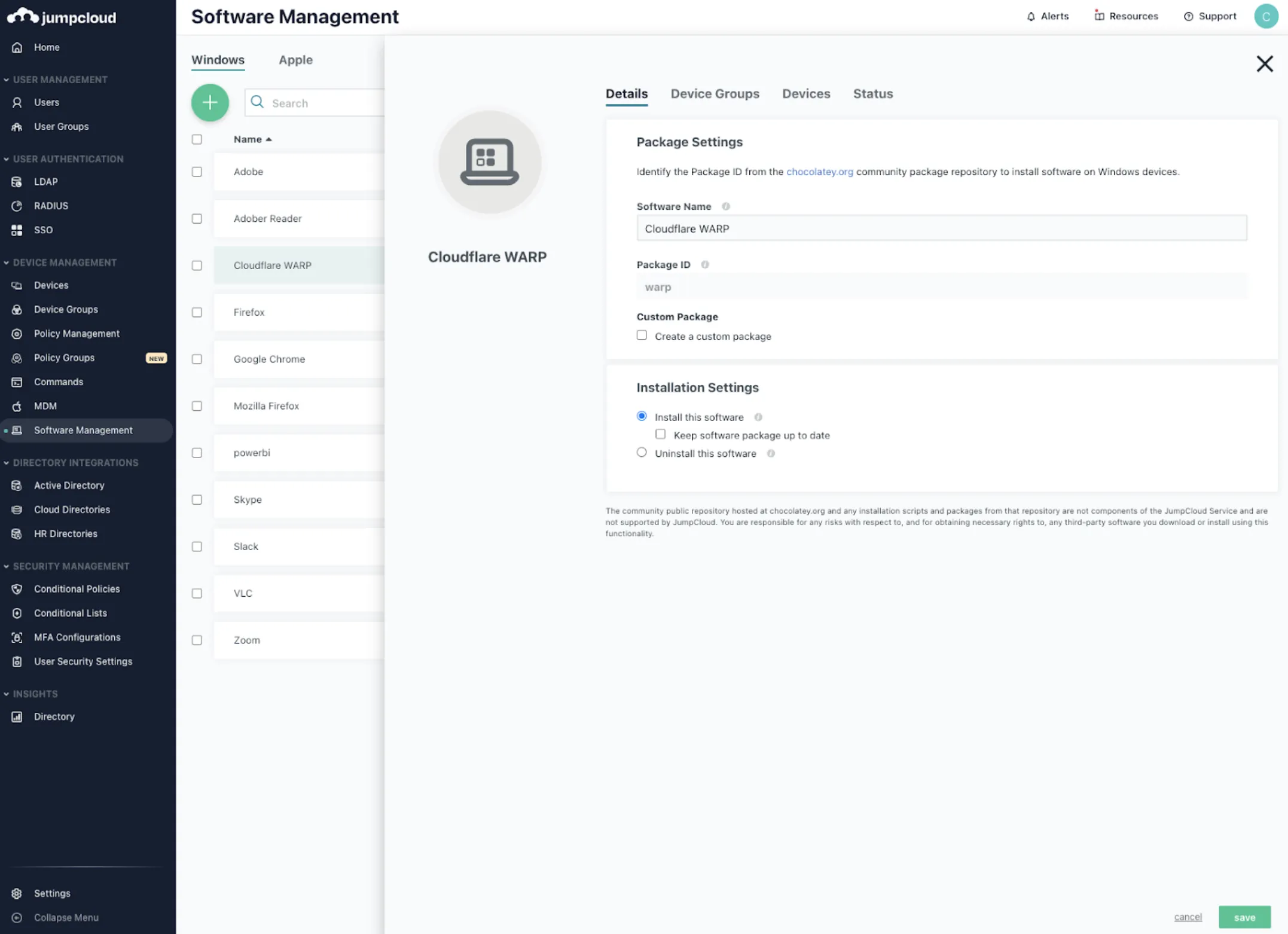 Configuring the Cloudflare One Client in the JumpCloud Windows tab