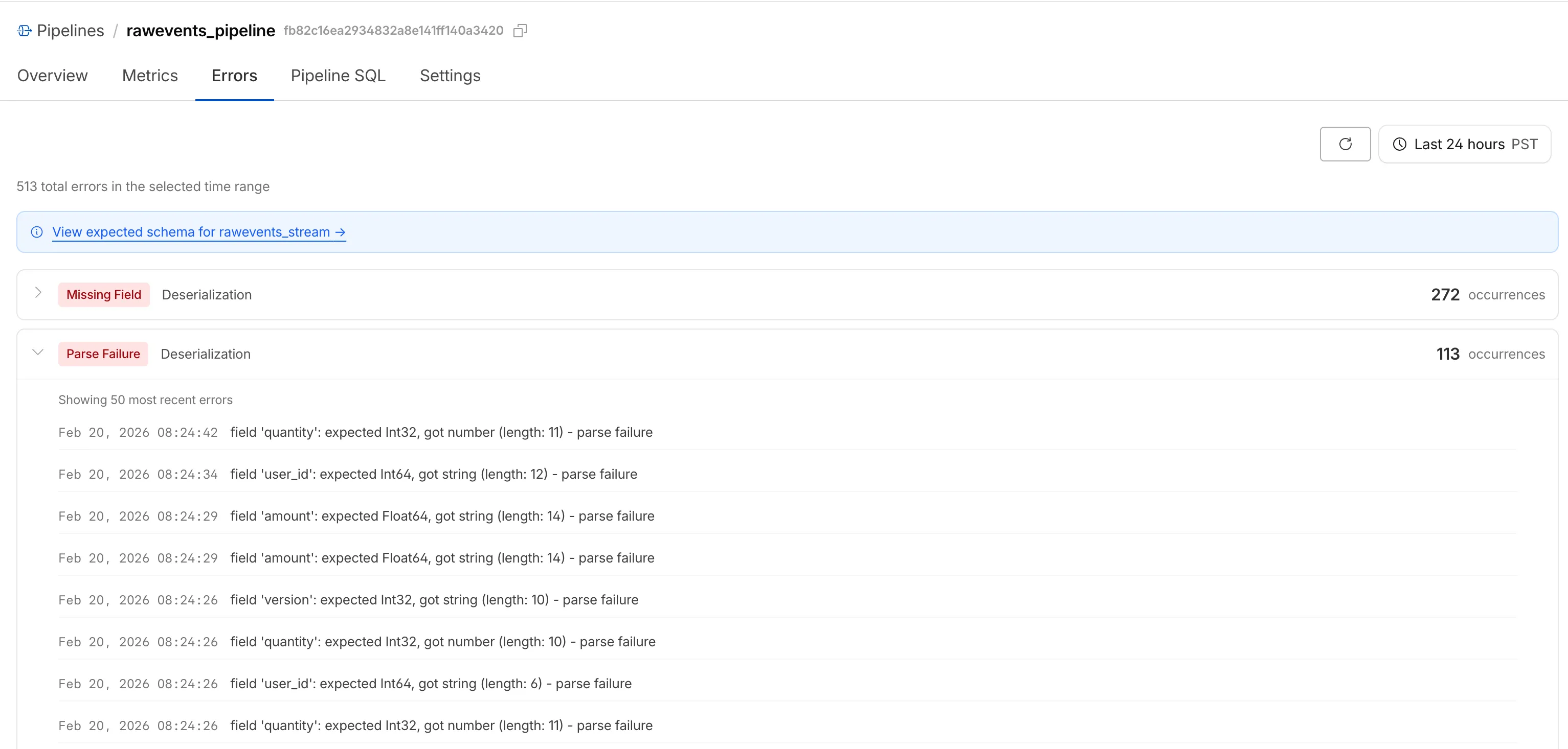 The Errors tab in the Cloudflare dashboard showing deserialization errors grouped by type with individual error details