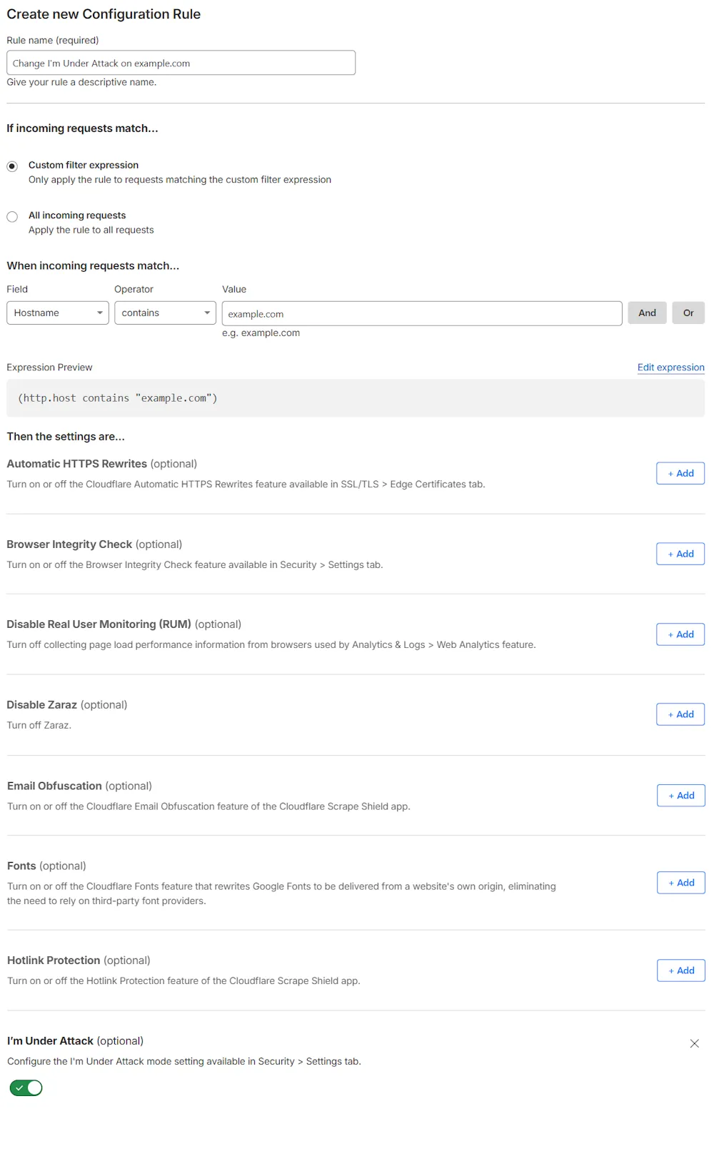 Configuration rule matching the "Security Level > I'm Under Attack" setting of the example Page Rule