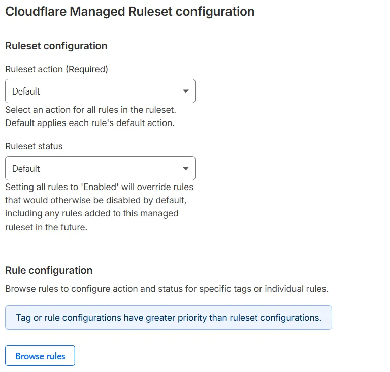 The Configure deployment page displaying the available options to override all the rules in the Cloudflare Managed Ruleset: ruleset action and ruleset status.