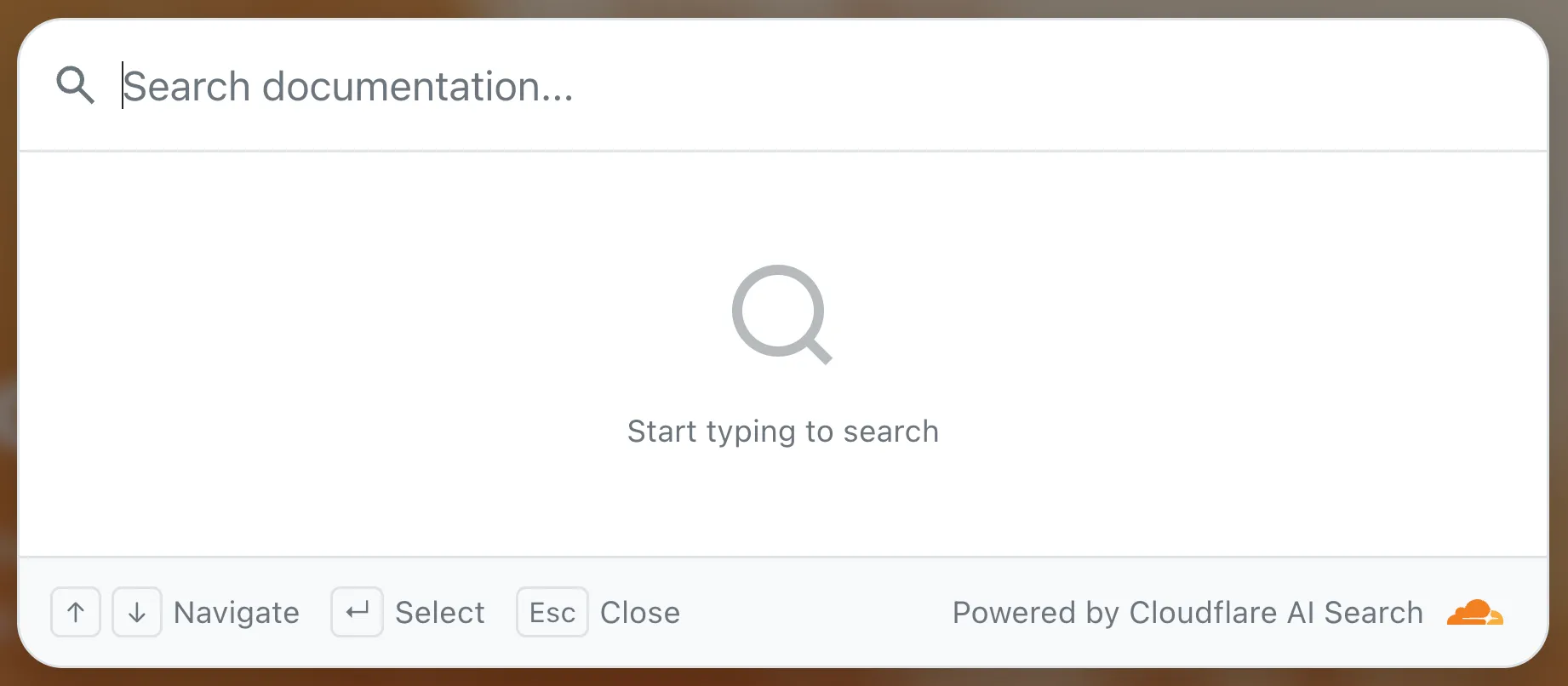 The AI Search modal opened over a site, showing a search input, keyboard navigation hints, and a Powered by Cloudflare AI Search label.