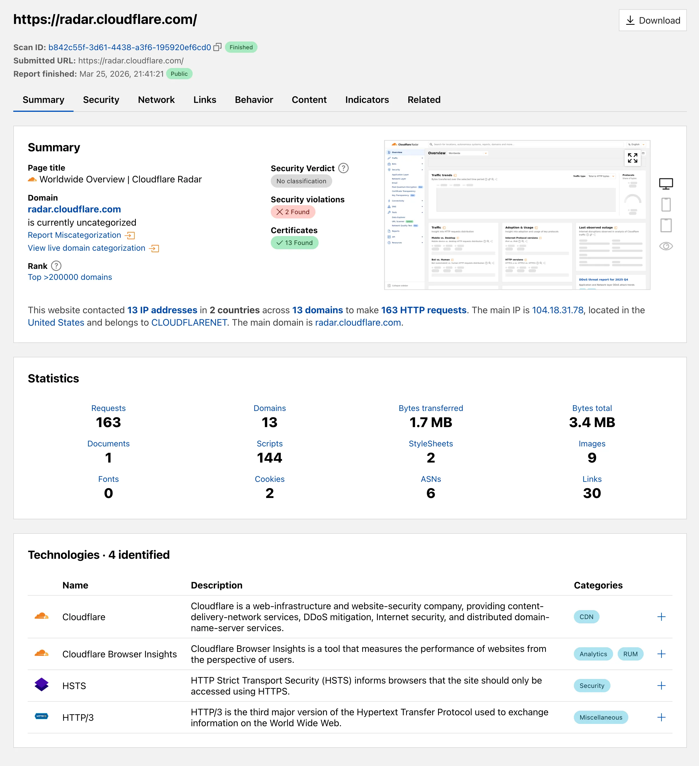 Screenshot of the redesigned URL Scanner summary on Radar