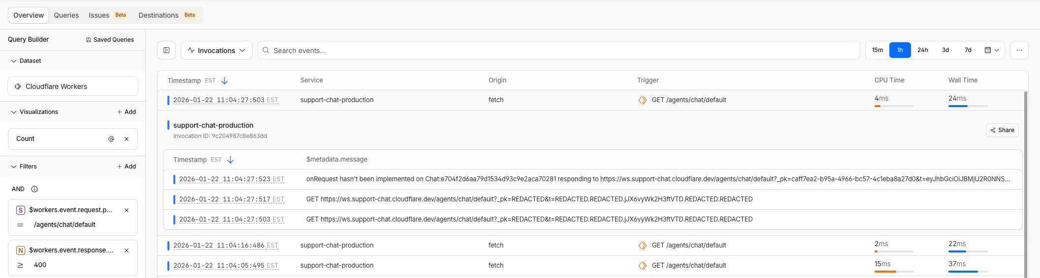 Viewing the logs for a single Invocation