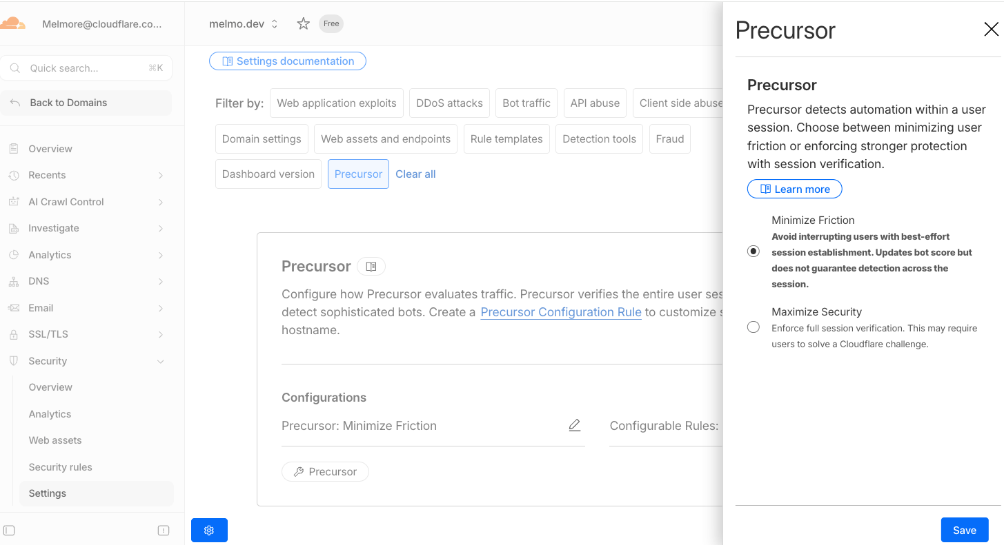 Precursor mode selector showing Minimize Friction and Maximize Security options